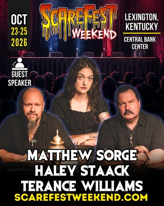 Full ScareFest Weekend 2026 guest speaker poster featuring Matthew Sorge, Haley Staack and Terance Williams